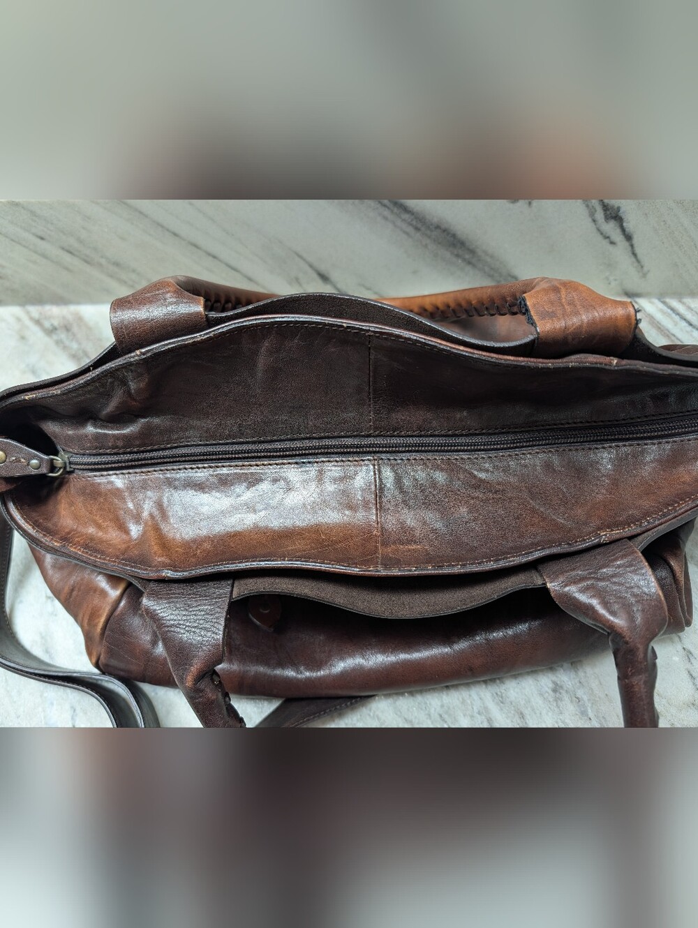Francesco Biasia Distressed Brown Leather Shoulder Bag with Brass Ring Detail - Picture 10 of 16